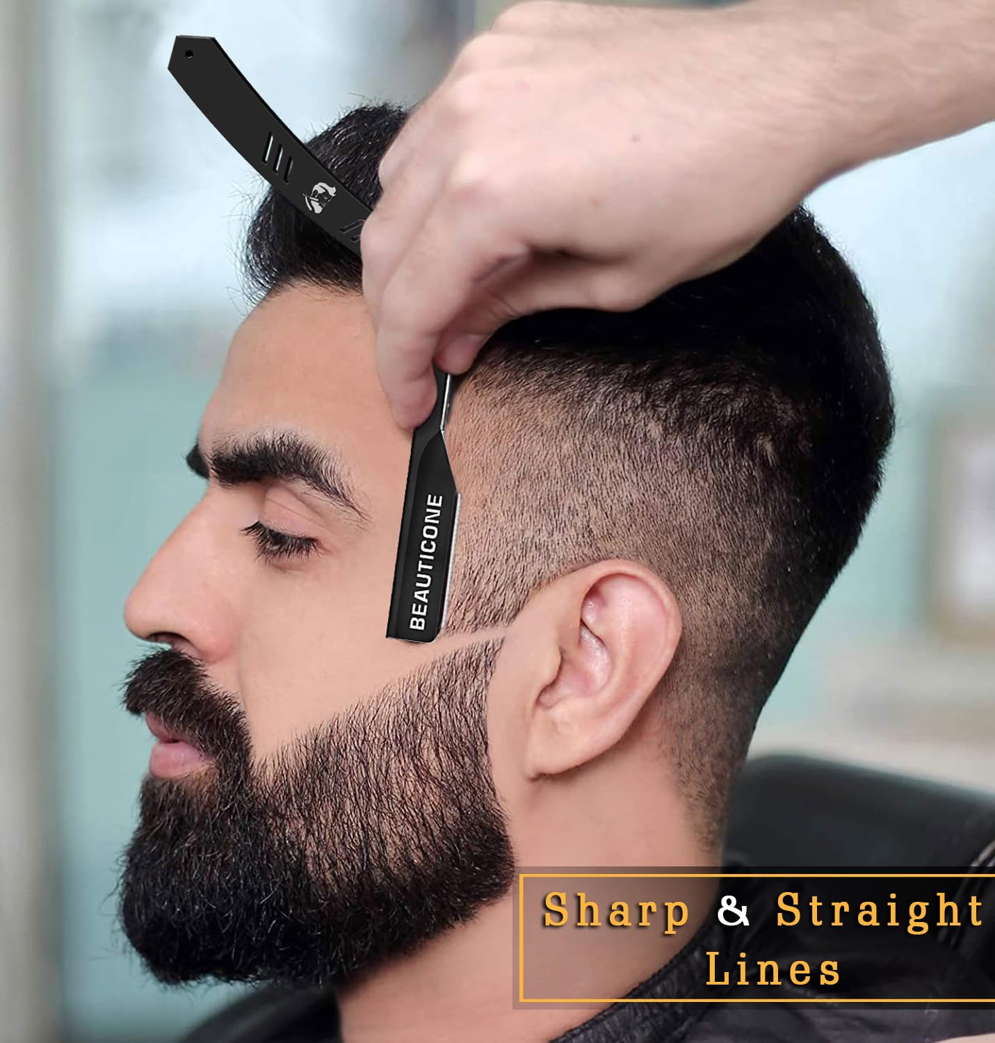 BEAUTICONE Barber Straight Razor for Men – Professional Shavette with Slide-Out Blade Holder, 20 Stainless Steel Blades Included, Cut Throat Razor, All Black
