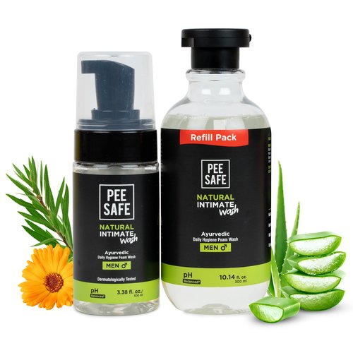 Men's Intimate Wash by PEESAFE | Natural Intimate Wash for Men with Refill (13.52 Fl.Oz) | with Tea Tree Essential Oil | Ayurvedic | pH Balanced Foam based | Ball Washer for Men