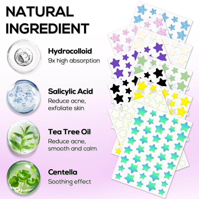 VOZRO Star Pimple Patches 360 Counts, Hydrocolloid Pimples, w/Salicylic Acid & Tea Tree Oil, Pimple Patches for Face - Conceal Whiteheads, Blackheads And Blemishes, Ance (10mm,12mm,14mm)