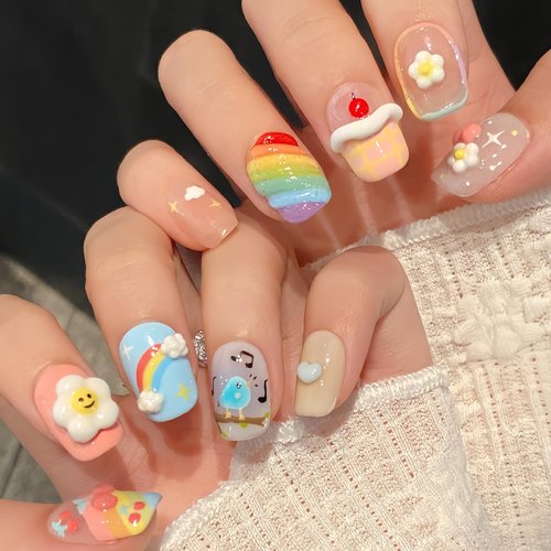 Cute 3D Handmade Press On Nails Short-Rainbow Short Press On Nails for Women and Girls-Colorful Square False Nails with Designs, 10Pcs