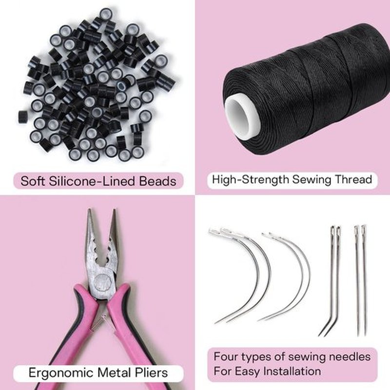 Kraler Hair Extension Tools Kit 200 Silicone Beads 1 Three Hole Pliers 2 Sewing Thread 1 Loop Tool 1 Crochet Hook 4 Types Sewing Needles 1 Bag Black Mini Rubber Hair Elastic with Storage Case (Black)