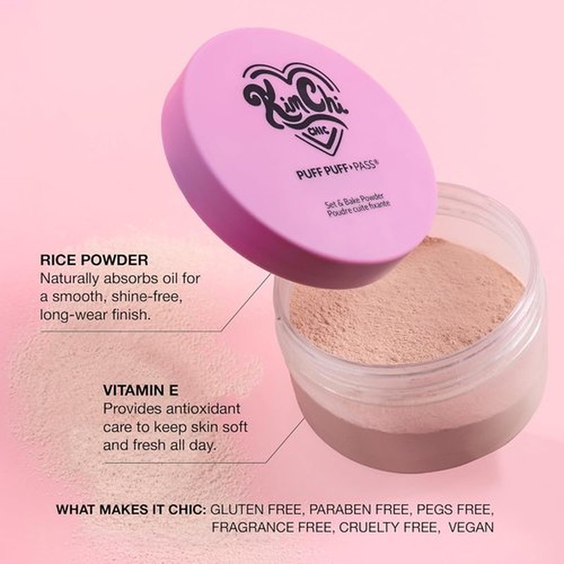 KimChiChic Puff Puff Pass Set & Bake Powder - Extra Fluffy Loose Face Makeup for Uneven Skin Tone, 09 Pink