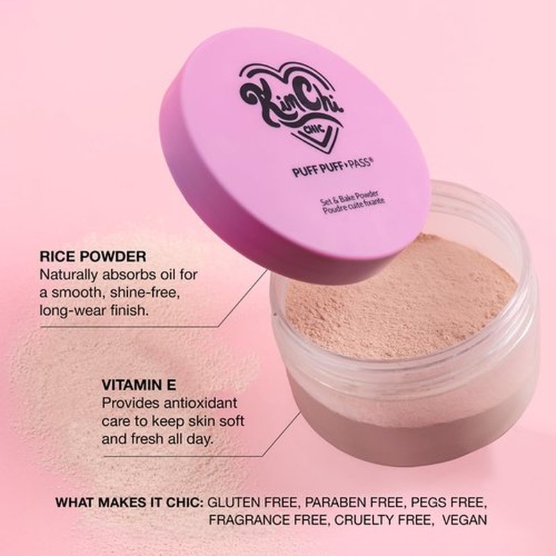 KimChiChic Beauty Puff Puff Pass Set and Bake Setting Powder for Makeup, Extra Fluffy Loose Face Powder Poof, Soft Natural Face Makeup for Uneven Skin Tone, 09 Pink