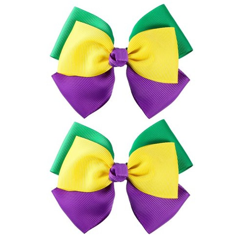 Mardi Gras Hair Bow Clips for Girls Women 2pcs 3.5" Fat Tuesday Ribbon Cheer Bow Hair Pins Piece Circus Carnival Parade Outfit Masquerade Party Dress Decor Accessories Gift