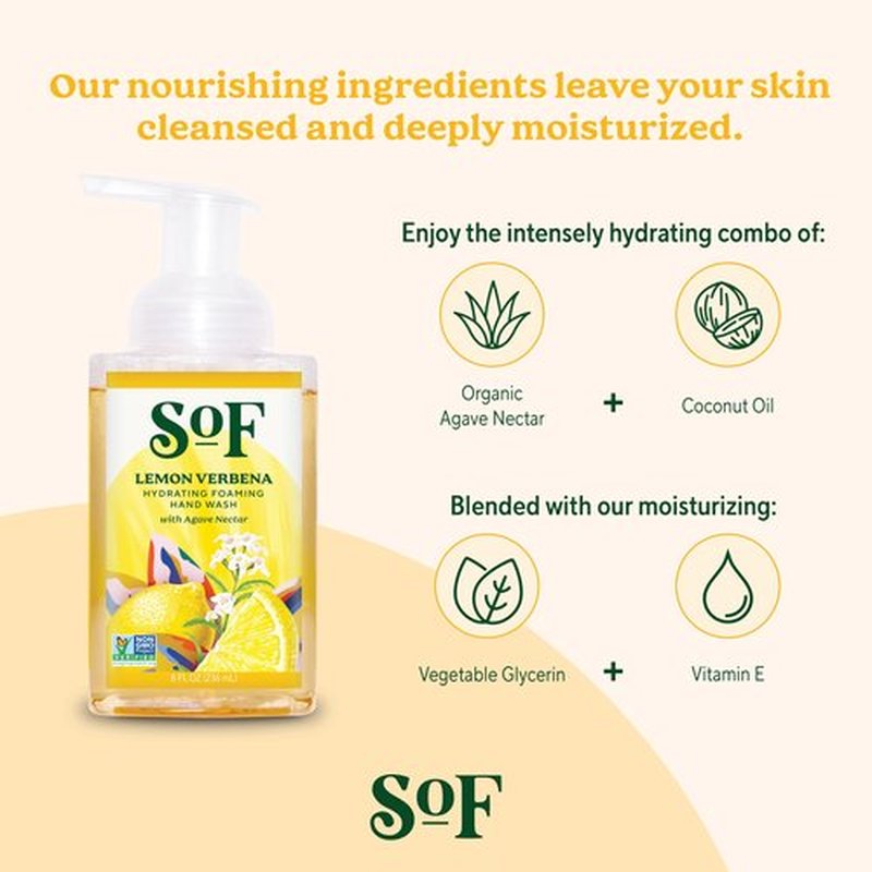 SoF Hydrating Foaming Hand Wash - With Organic Agave Nectar & Coconut Oil- Vegan & Non GMO- Free From Phthalates, Sulfates & Parabens- Lemon Verbena - 8 oz Bottle 3 Pack