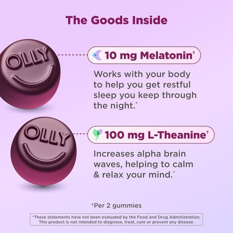 OLLY Max Strength Sleep Gummies - 10mg Melatonin & L-Theanine, Sugar-Free, Vegetarian, Strawberry - 50 Count