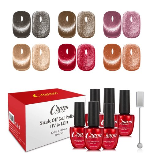 CHARMFORYOU Magnetic Gel Nail Polish Set, 6 Colors Wide Amber Cat Eye Gel Polish Crystal Jelly Transparent 9D Cateye UV Gel Soak Off Nail Polish Art Manicure kit with Magnetic Stick