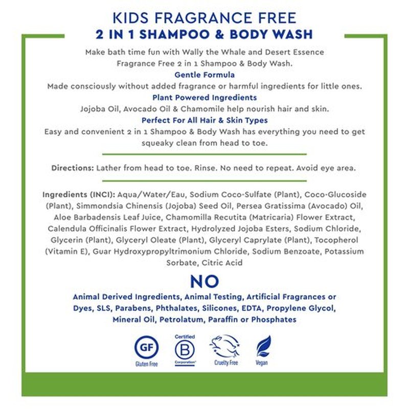 Desert Essence Kids Fragrance Free 2-in-1 Shampoo & Body Wash, Gentle Cleanser for Children’s Hair and Skin, Tear-Free Bath Wash for Kids, 12 fl oz