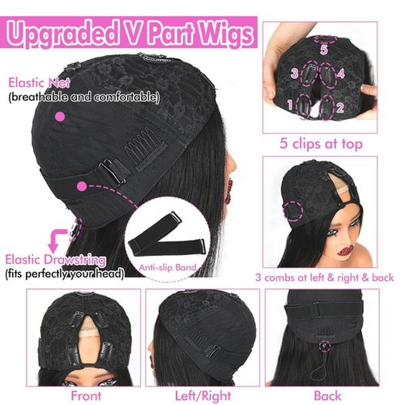 CHEETAHBEAUTY V Part Wigs Human Hair Straight V Shape Wigs for Black Women Upgrade U Part Wigs No Leave Out No Sew In No Glue Clip in Half Wigs 180% Density Natural Black 18Inch