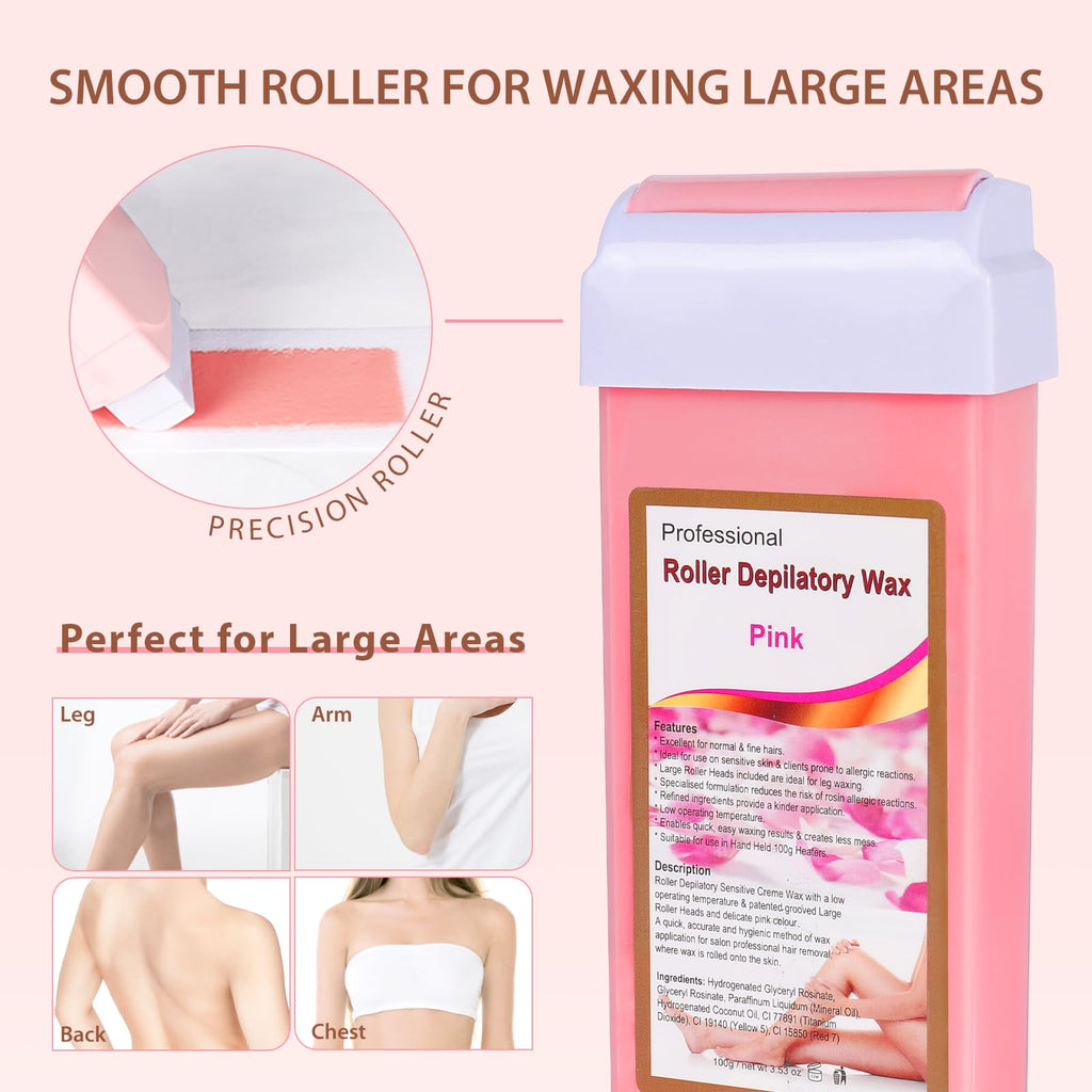 Roll on Wax Refill: 4 Rose Wax Roller Refill with 10 wipe - Hair Removal Cartridge for Body Legs Arms (100g/3.53oz, 4 Pack)