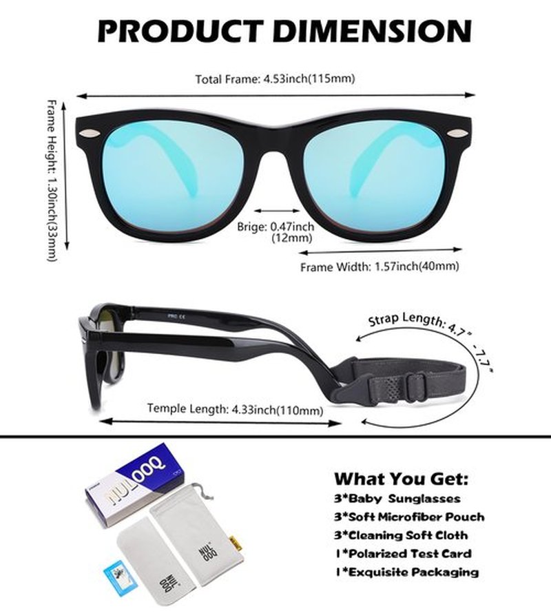 Polarized Baby Sunglasses with Strap - Unbreakable Flexible Infant Sunglasses for Toddlers Age 0-24 Months (Balck/Gray + Black/Blue + Black/Green) - 3 Pack