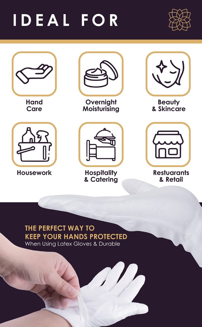 White Gloves Large (10 pair) - Cotton Gloves for Eczema, Cotton Gloves for Dry Hands, White Cotton Gloves for Women, Spa Glove, Lotion Glove, Sleeping Glove