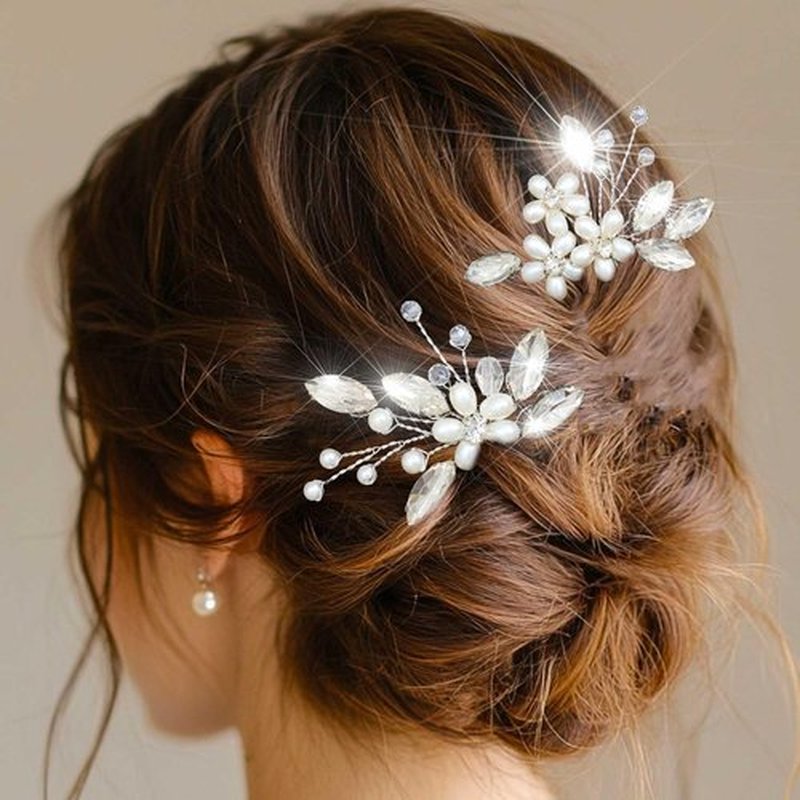 Lorealri Rhinestone Bridal Hair Combs Set - 3PCS Wedding Flower Crystal Pearl Hair Pins & Comb, Sparkling Elegant Accessories for Bride Bridesmaids Prom Formal Events