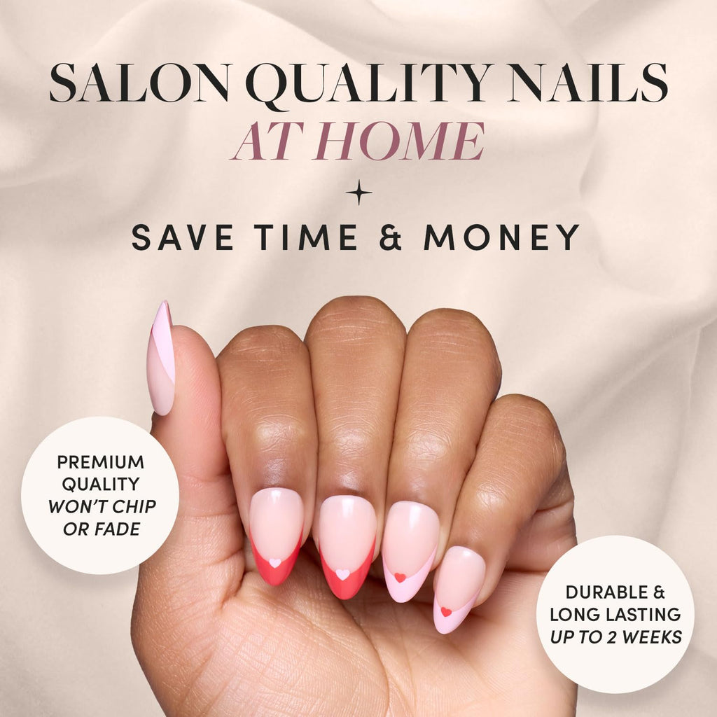 Valentines Day Glamnetic Press On Nails - Pure Hearted | Glossy, Semi-Transparent Short Almond Nails with Heart Accents, Salon Quality | 15 Sizes - 30 Nail Kit with Glue