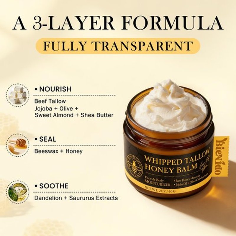 BieNido Organic Grass-Fed Tallow Balm for Face: Whipped Beef Tallow Cream with Raw Honey for Sensitive and Dry Skin, Natural Formula for Soothing & Deep Hydration