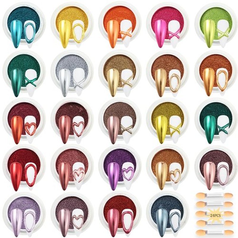 24Pcs Chrome Nail Powder Set - Metallic Mirror Effect Holographic Iridescent Aurora Mermaid Nail Powder Pigment Silver Red Green Gold Nail Chrome Powder for Nails Art Decoration(24 Eye Shadow Sticks)