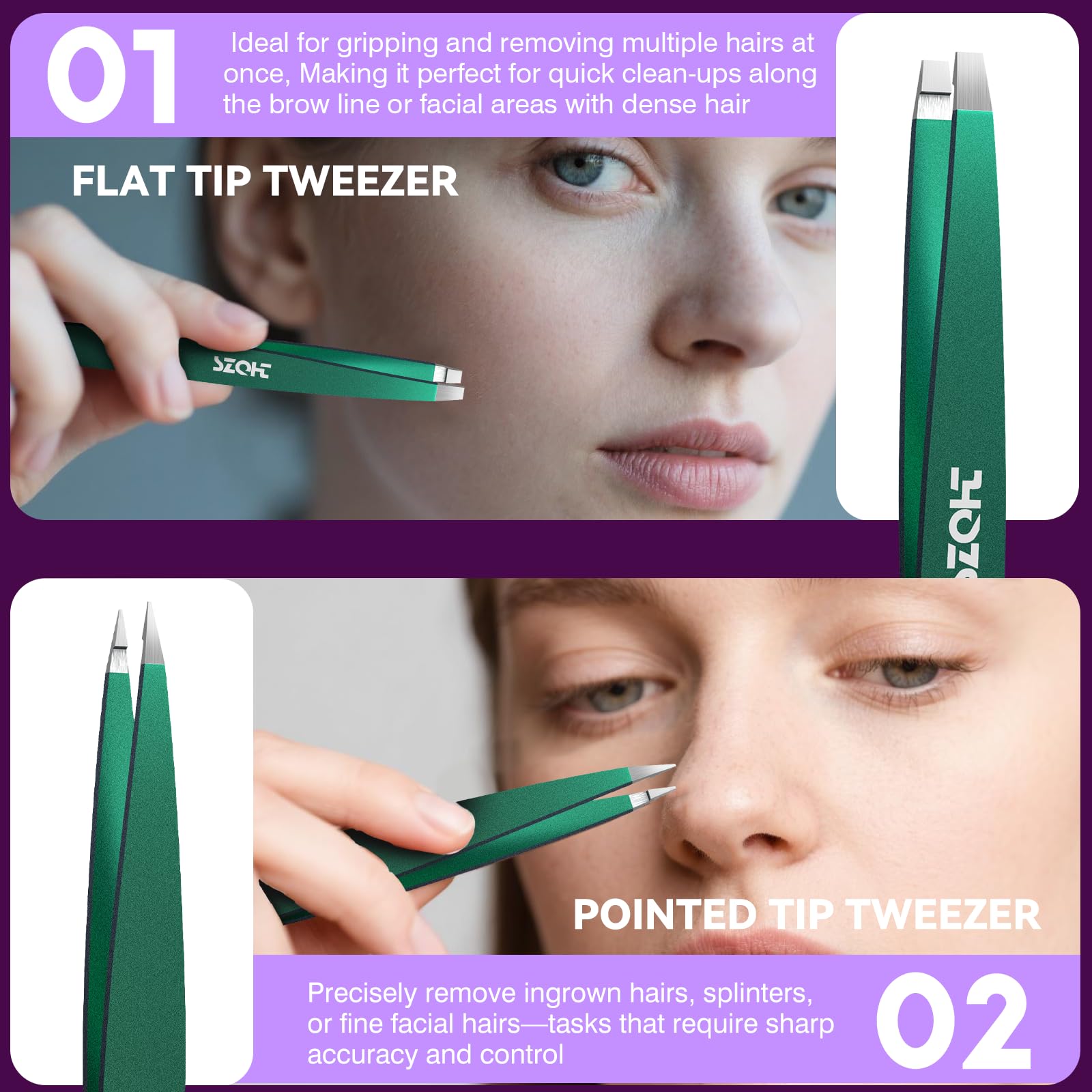 4-Piece Precision Tweezers Set - Stainless Steel Slant, Pointed, Flat & Angled Tips forEyebrow Shaping, Facial & Ingrown Hair Removal - Eco-Friendly Gift Packaging - Women& Men