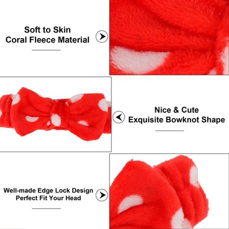 Casoty 10 Pcs Red Dot Makeup Headbands, Spa Gifts for Women Girls, Soft Coral Fleece Skincare Headband, Bow Hair Bands, Beauty Headbands for Face Washing Shower Skin Care Yoga
