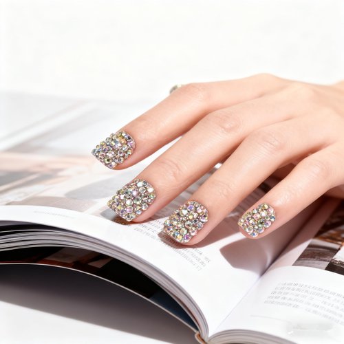 Elevenail 24pcs Handmade 3D Rhinestones Press On Nails Square Short Nails Women Girls Gifts Salon Manicure Shiny Crystal Nail Art Tips Fake Nails Reusable Acrylic False Nails