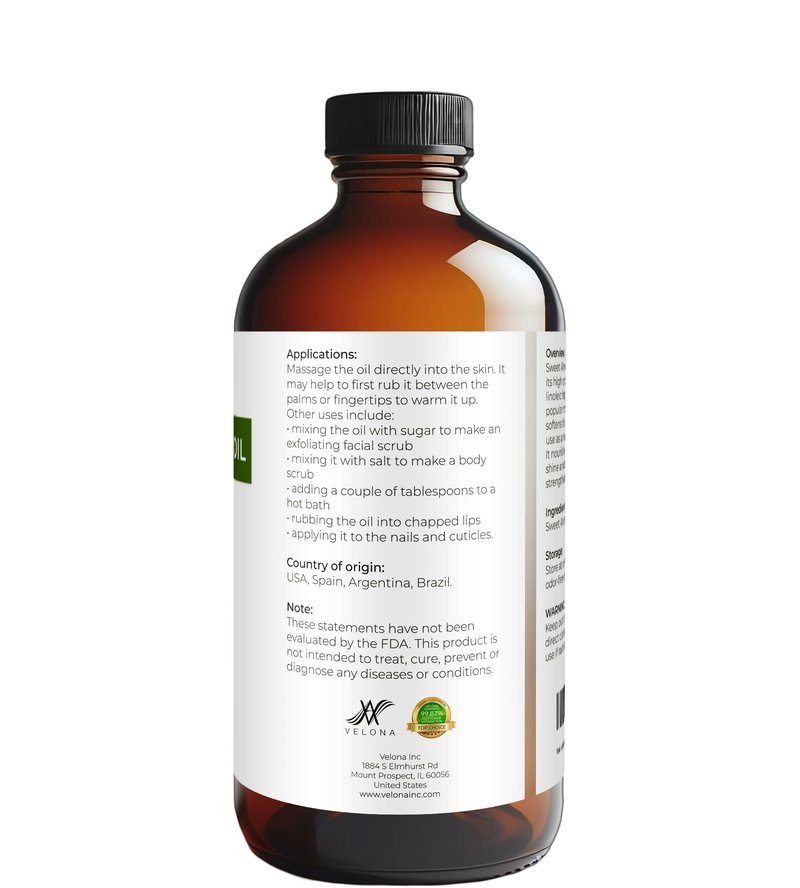 velona Sweet Almond Oil - 16 Fl Oz in Glass Bottle | 100% Pure and Natural Carrier Oil |Cold Pressed | Skin, Hair, Body & Face Moisturizing | Use Today - Enjoy Results…