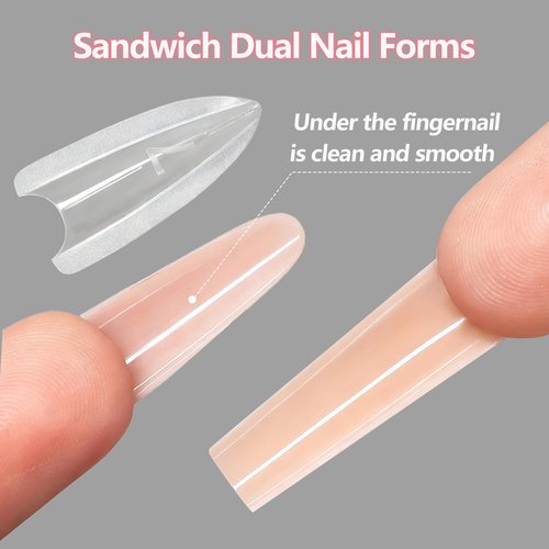 Sandwich Dual Nails Forms, Long Coffin 240Pcs Double-Layer Nail Mold Set, 15 Sizes Top and Bottom Molds Plastic Forms for Builder Gel Nail Extensions, Salon Nail Art Tools At Home