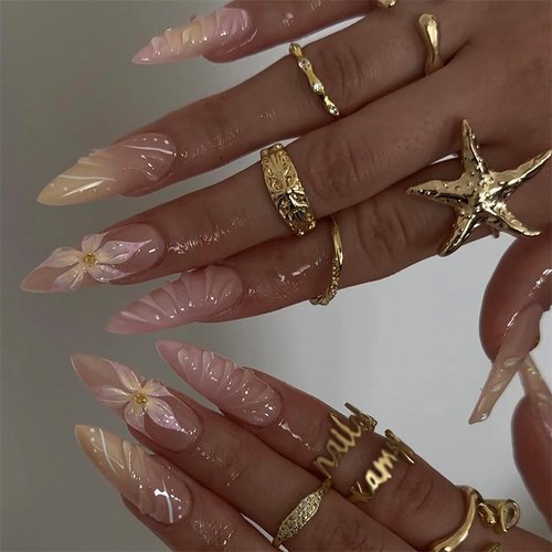 MISUD Press on Nails - Long Stiletto Glue on Nails with Pink Yellow, Acrylic Handmade Flower Design 30 pcs