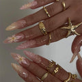MISUD Press on Nails - Long Stiletto Glue on Nails with Pink Yellow, Acrylic Handmade Flower Design 30 pcs