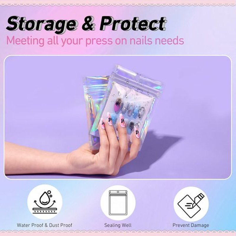 Raisetip 100PCS Press on Nail Packaging Bag, 100PCS Display Card with 7 Sheets Pre-cut Adhesive Tape & Diamond Art Pens & Glue Clay & Tweezers, 6-in-1 Set for Nail Display Profession Salon