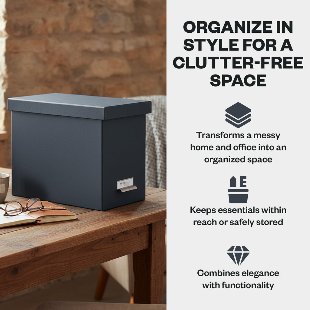 Bigso John Fiberboard Label Frame Desktop File Storage Box - Document Organizer for Important Paperwork - Durable Hanging File Box with a Lid & Metal Label Window - 7.36 x 13.38 x 10.51 in - Dark Grey