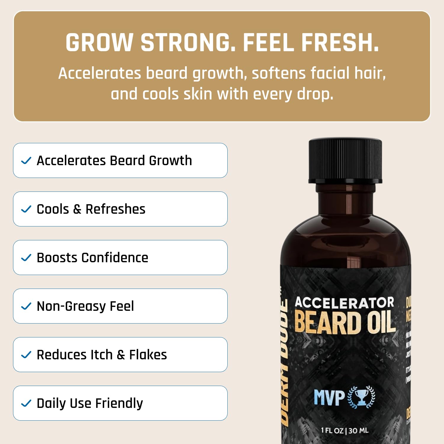 Derm Dude Accelerator Beard Growth Oil for Men | With Castor Oil & Jojoba Oil for Hair Growth | Promotes Thicker Fuller Beard | Hydrate & Soften Facial Hair, Non-Greasy - MVP 1oz