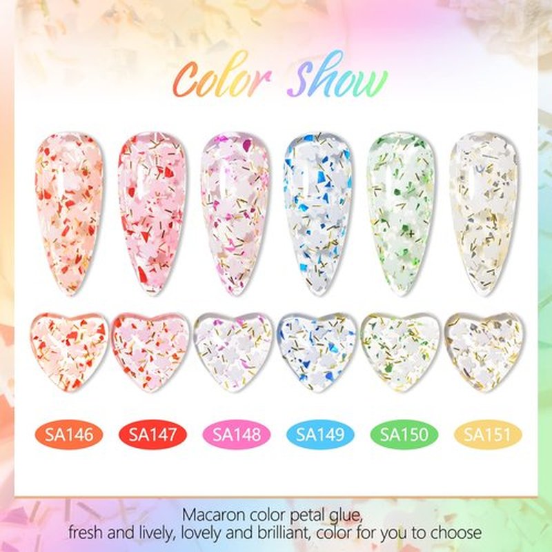Flower Glitter Gel Nail Polish Set - 6 Pcs Diamond Sequins Style Gold Blue Green Clear Pink Jelly Gel Nail Polish Set with Flower, Crystal Transparent Gel Polish Nail Art Manicure Kit
