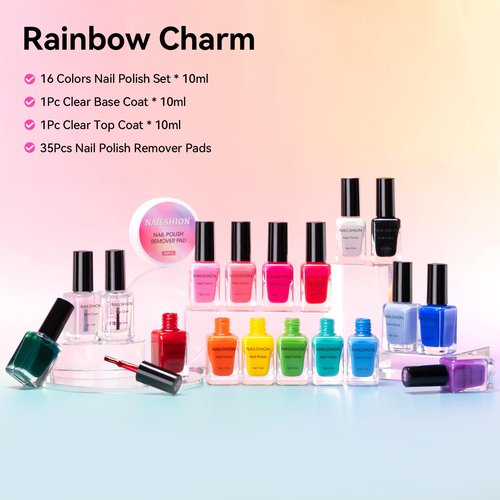 Nailshion Nail Polish 10ml 16 Colors Rainbow Air Dry Regular Nail Polish Set with Base Top Coat & Remover Pads| White Red Classic French Fingernail Polishes Non-gel Bulk Gift for Nail Art Lovers