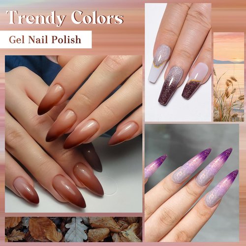 MEET ACROSS Color Changing Gel Nail Polish Set, 12 PCS Shimmer Glitter Mood Temperature Change Colors Kit, Black Brown Gray Purple UV Thermal Manicure Gel Gift