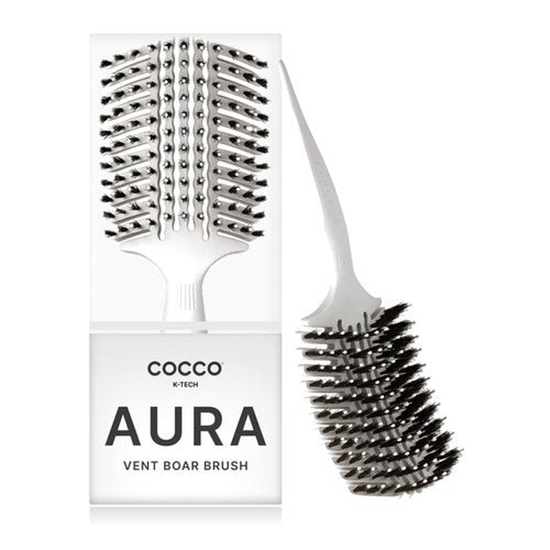COCCO Aura Vent Boar Brush | Vented Dual-Curved Design for Faster Drying, Effortless Detangling & Shine, Boar + Nylon Bristles, Ergonomic Comfort Handle for Wet & Dry Hair Styling - White