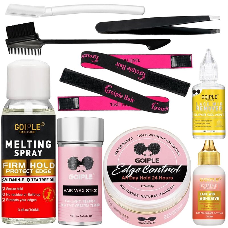 Wig Glue for Front Wigs Adhesive for Closure Wigs Extensions - Lace Melting Spray for Wigs Lace Front Hair Glue Tools with Remover Hair Wax Stick Edge Control Wig Cap Edge Comb Elastic Bnad Set