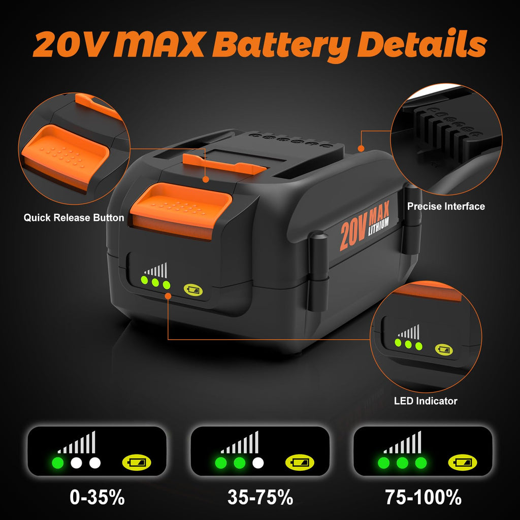 BECDXPal 2 Pack 6500mAh Replacement for Worx 20V Battery and Charger Kit for WA3525 WA3520 WA3575 Compatible with Worx Battery 20V and 40V (2X20V) Cordless Tools