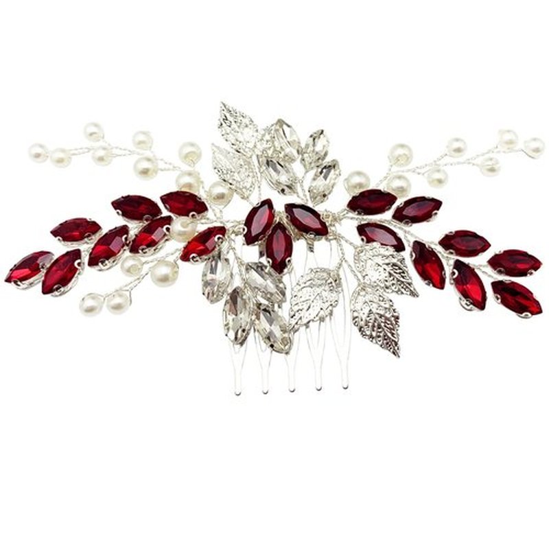 Bride Wedding Hair Comb Crystal Rhinestone Pearls Silver Leaf Hair Piece Accessories for Women Girls Homecoming Party (Red)