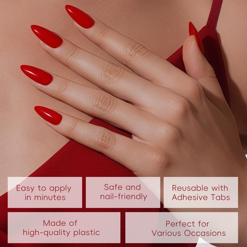 Yersunsy 24Pcs Press on Nails for Women Girl, Solid Color Medium Almond Fake Nails Glossy Artificial Fingernail, Reusable with Adhesive Tabs for Gift Parties Festival Makeovers (Red)