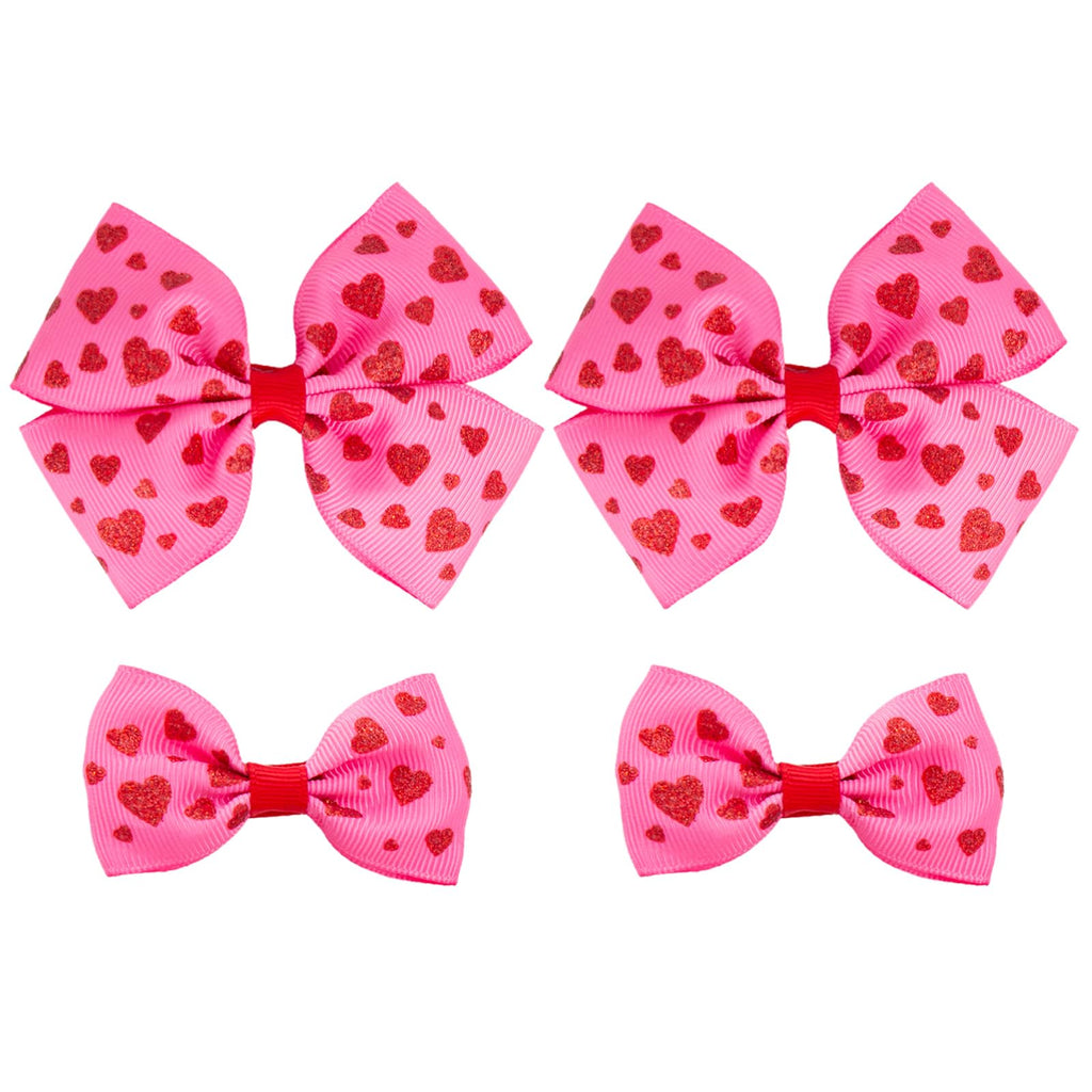 Valentines Day Hair Bow Clips Set, 4PCS Glitter Red Heart Hair Accessories for Girls & Teens, Non Slip Metal Hairpin Love Valentines Day Bows for Ponytail & Braids - Hot Pink