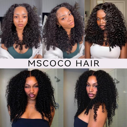 mscoco V Part Wig Human Hair Burmese Curly Glueless Wigs Human Hair Clip In Upgrade U Part Human Hair Wig with Drawstring 180% Density Natural Black 16inch