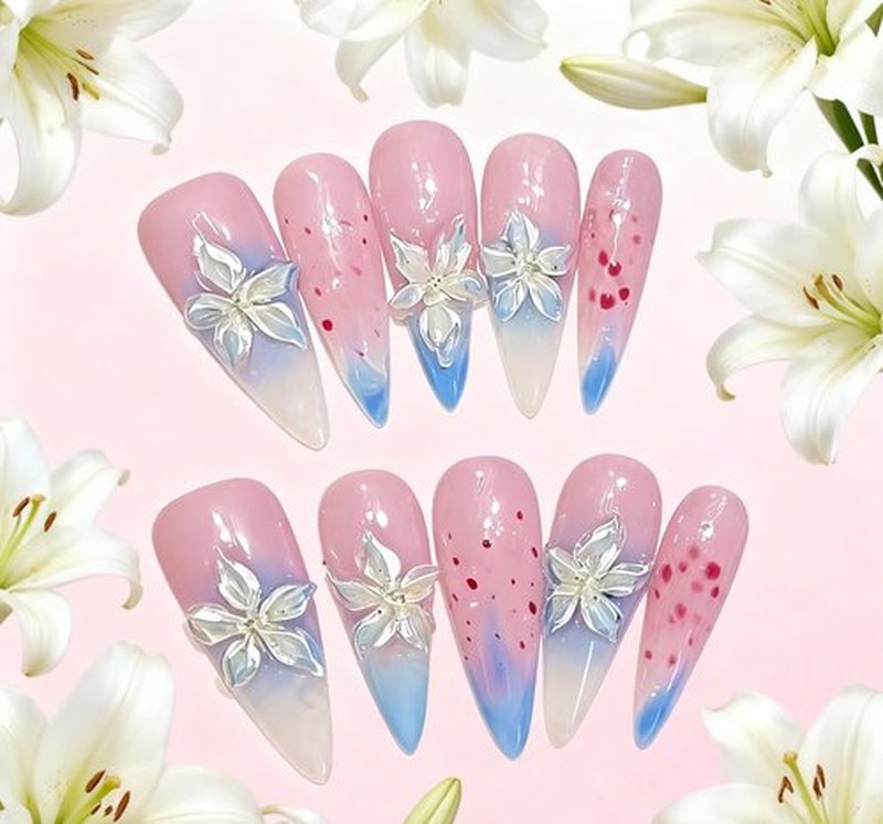 Tesytto 3D Floral Press On Nails Long Stiletto Fake Nails – Elegant Handmade Ombre Nail Art with Lilies Flowers Designs, Multi-Layer Gel Reusable Acrylic Nails for Women (3D Lily Ombre, M)