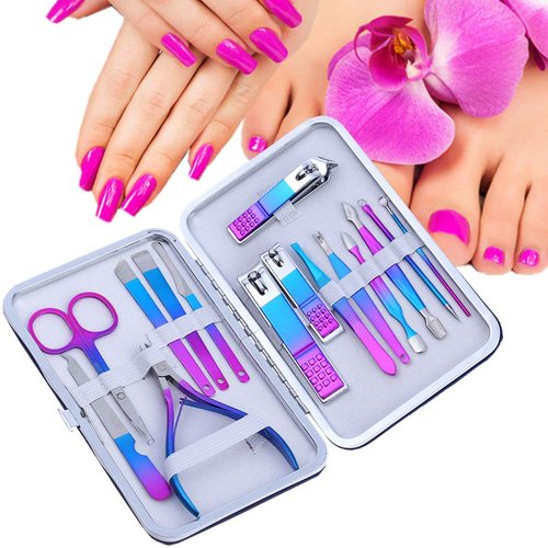 SHICEN Manicure Set, Professional Nail Clippers Kit, Pedicure Care Tools, Professional Women Grooming Kit -Premium Stainless Steel with Blue Travel Case Set 15PC Great Gift(Colorful)