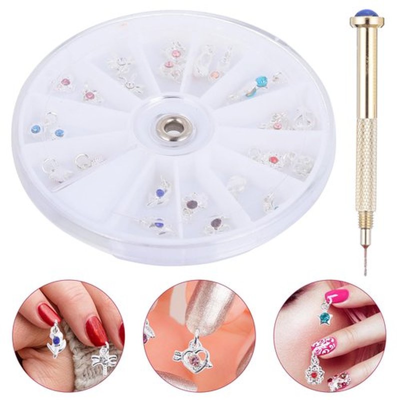 FRCOLOR 48 Pcs Dangle Nail Piercing Charms Set with Nail Piercing Tool Hand Drill, Alloy Jewelry for Art, Home, Salon Use