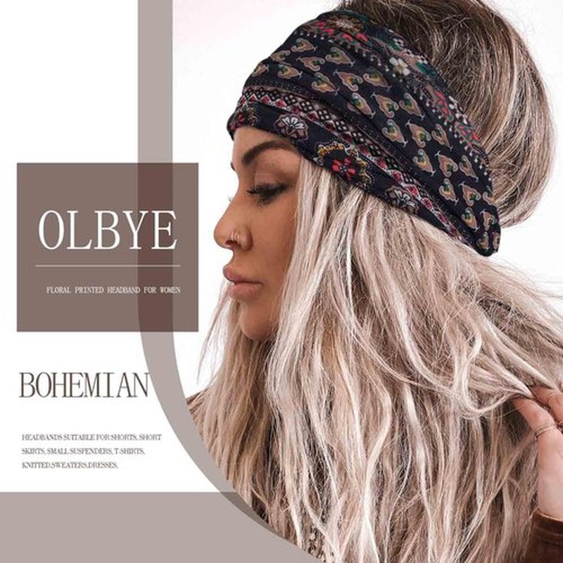 Olbye Wide Boho Headbands Floral Stretch Head Wraps Bohemian African Turban Hairbands Knotted Bandana Headband Yoga Running Head Scarfs Workout Hair Accessories for Women 4Pcs (Boho, 9.4 * 5.9'')