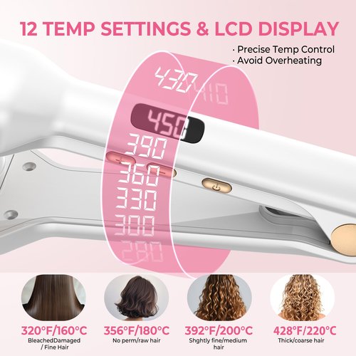 Hair Crimper Waver Curling Iron, 1/2 Inch Beach Waves Curling Wands, Ceramic 2 Barrels Deep Waver, Dual Voltage Hair Culer Tools with EU/UK Plug Adapter,12 Temps, 30S Heat up, Auto-Off (White Gold)