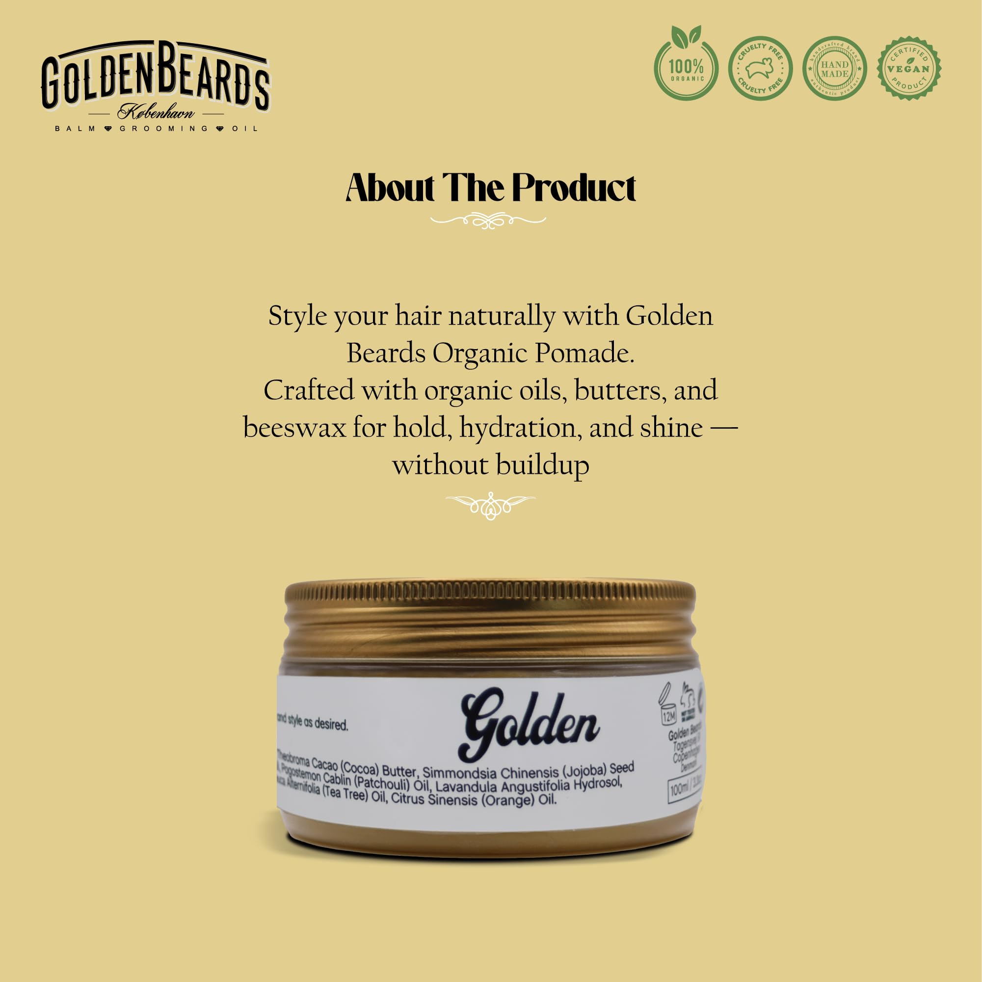 Golden Beards Organic Hair Pomade – 3.3 oz – Natural Styling Cream with Medium Hold & Matte Finish – Handmade, Vegan & Cruelty-Free Hair Grooming