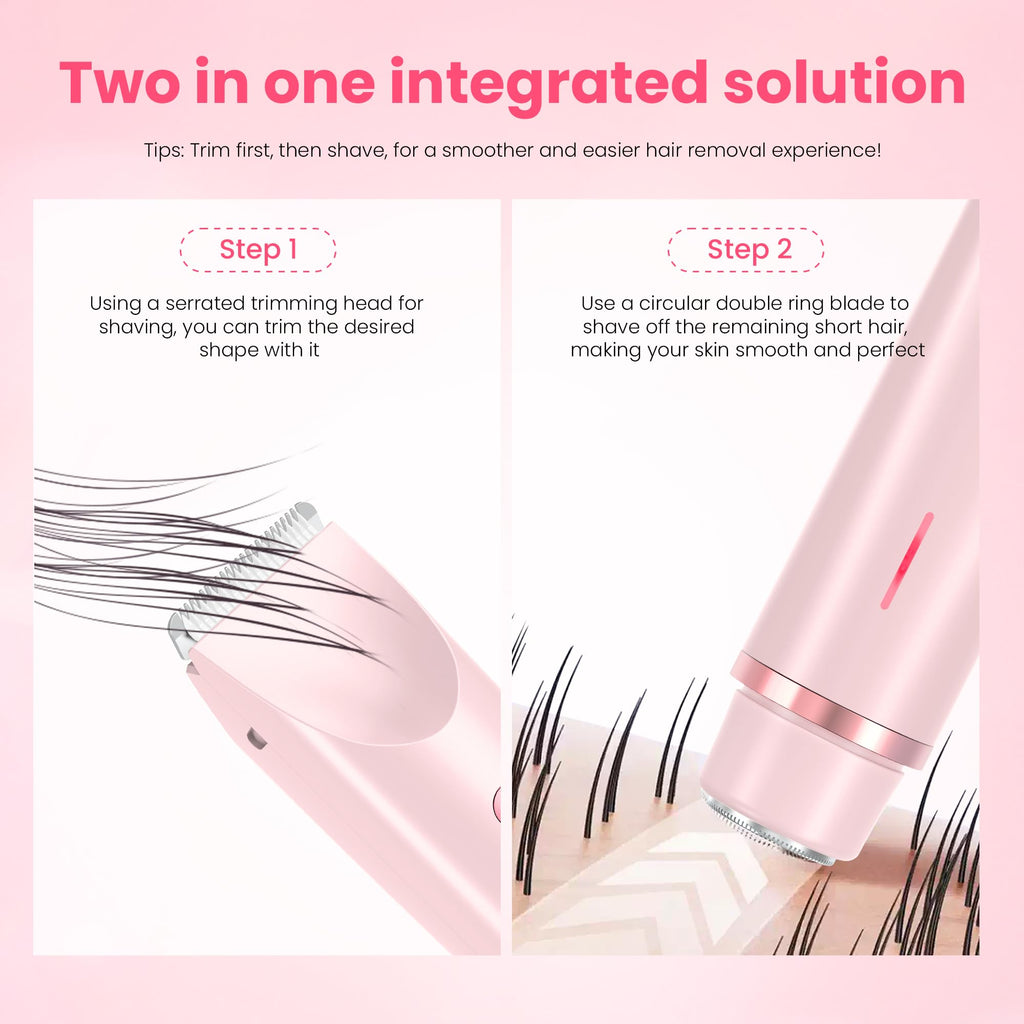 Bikini Trimmer for Women-2 in 1 Dual Head Electric Razors,USB Rechargeable Bikini Electric Shaver,IPX7 Waterproof Dry & Wet Use Body Hair Trimmer and Facial Hair Remover for Underarm Leg Body,Pink