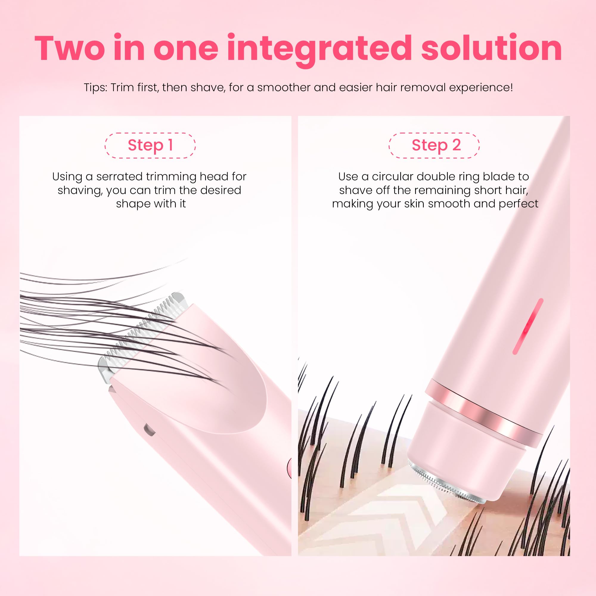 Bikini Trimmer for Women-2 in 1 Dual Head Electric Razors,USB Rechargeable Bikini Electric Shaver,IPX7 Waterproof Dry & Wet Use Body Hair Trimmer and Facial Hair Remover for Underarm Leg Body,Pink