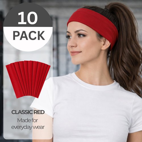 Styla Hair Headbands for Women Stretch Fashion Head Bands 10 Pack Non-Slip Head Wraps Great for Spa, Sports, Yoga, Pilates, Running, Gym Headband, Workouts - Red