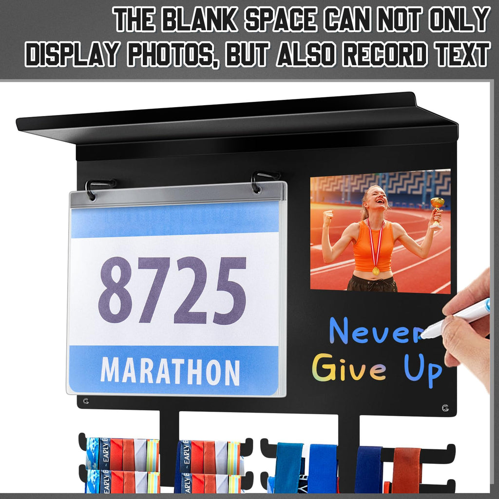 Moxweyeni Race Medal and Bib Display with Trophy Shelf, Wall Mounted Photo Display Board, Ideal Gifts for Runners and Marathoners, Holds up to 50 Medals, 40 Race Bibs & 5 Trophies(Black)
